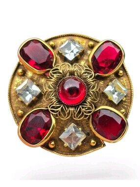 Vintage Signed Accessocraft NYC Byzantine Etruscan Brooch Pendant Red Glass